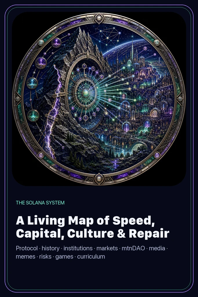 Illustrated Solana System card showing a clock passing through a mountain portal into a network city