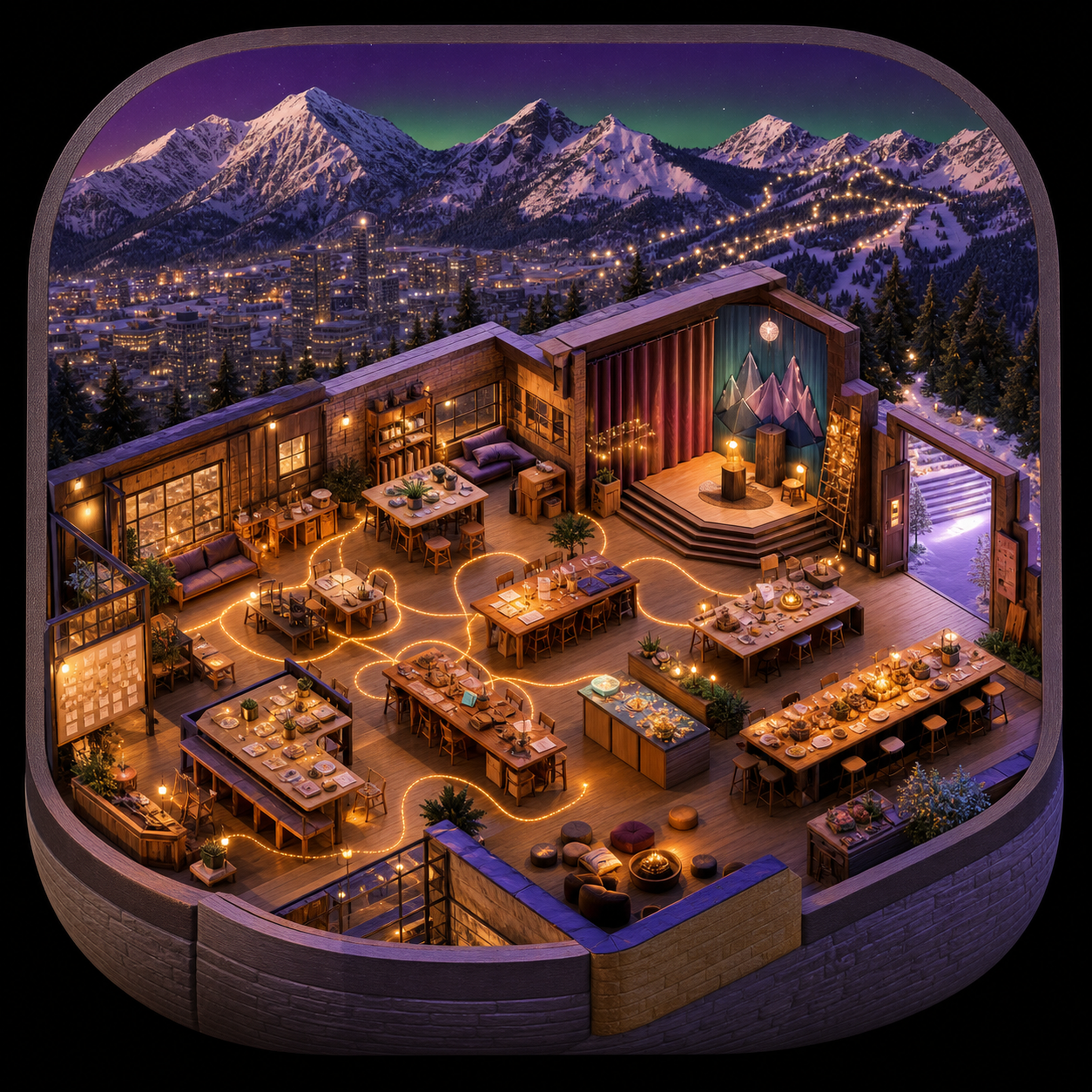 Text-free builder residency diorama in a winter mountain city
